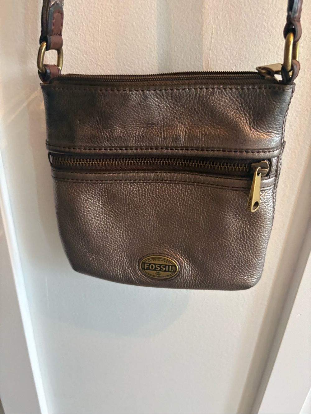 Fossil Women Metallic Silver Leather Crossbody Bag